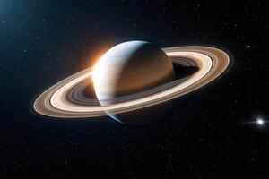 Saturn planet rotating in the outer space with thousands of stars around photo