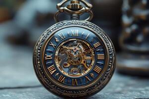 Elegant pocket watch showing its intricate mechanism and roman numerals photo