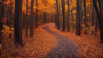 Winding path covered with fallen leaves in autumn forest photo