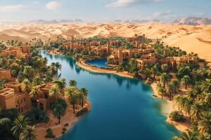 Luxurious oasis resort emerging from the desert sands with palm trees and a serene river photo