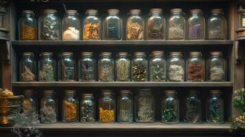 Apothecary displaying glass jars with dried herbs and ingredients photo