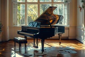 Black grand piano with open lid and scattered sheet music in elegant room photo