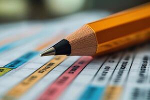 Close up of pencil pointing at data on document, analyzing financial reports photo