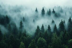Misty forest landscape with evergreen trees creating a serene atmosphere photo