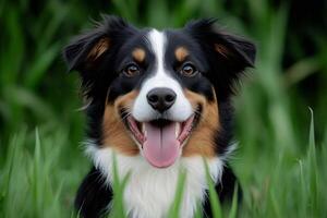 Happy australian shepherd smiling and panting in green grass photo