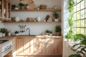 Modern rustic kitchen design with wooden cabinets and open shelving displaying plants and utensils photo