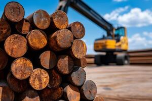 Stack of rusty round metal bars with excavator working in background photo