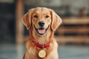 Golden retriever wearing a red collar and a gold medal smiling at home photo
