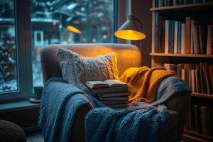 Cozy reading nook by window during winter with lamp illuminating books photo
