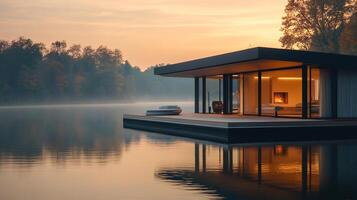 Modern floating house reflecting on calm lake at sunset with forest in background photo