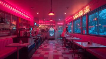 Waitress preparing tables in a retro diner with neon lights photo
