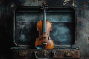 Antique violin resting in open vintage case against textured background photo