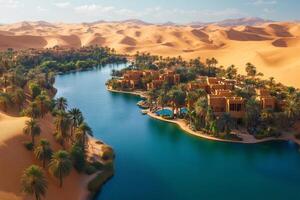 Luxurious resort surrounded by palm trees and artificial lake in the middle of desert sand dunes photo