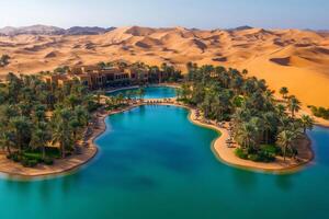 Luxurious hotel oasis with palm trees and swimming pool in desert landscape photo