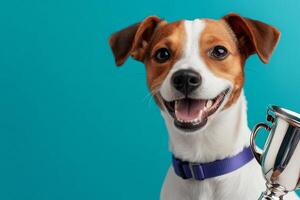 Happy jack russell terrier winning a trophy on turquoise background photo