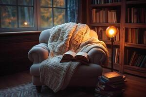 Cozy reading nook by the window in a home library during fall photo