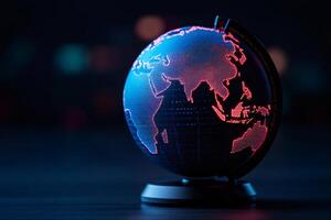 Illuminated globe showing asia highlighting global connections and data visualization photo