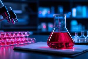 Erlenmeyer flask containing pink chemical substance stands on notebook in laboratory photo