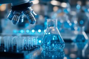 Modern microscope is analyzing blue chemical liquid in laboratory setting photo