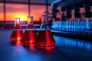 Flasks containing red liquid sitting on table in laboratory at sunset photo