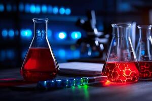 Chemical reaction creating glowing red liquid in erlenmeyer flasks in laboratory setting photo