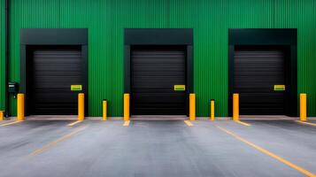 Three loading docks of green warehouse building with closed shutters photo