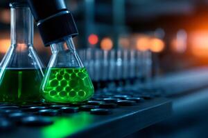 Automated robotic arm pouring green chemical liquid into erlenmeyer flask photo
