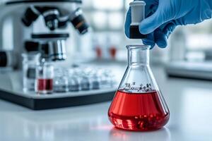 Scientist placing stopper on erlenmeyer flask containing red liquid in laboratory photo
