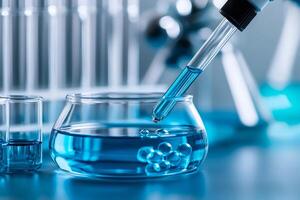 Scientist dropping blue liquid into beaker using pipette in laboratory photo