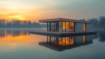 Floating house reflecting on calm lake during sunset photo