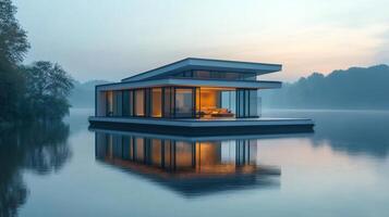 Modern floating house reflecting on calm lake at sunset.. photo
