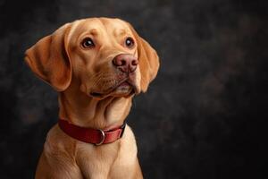 Fox red labrador puppy looking up while wearing red collar photo