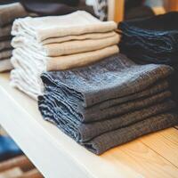 Stacks of linen fabric in a boutique setting for sale photo