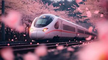 High speed train passing through cherry blossoms in spring photo