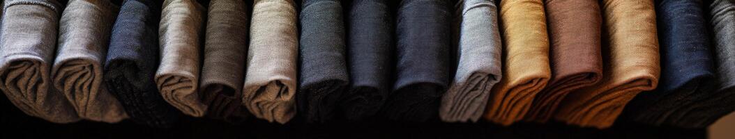 Linen fabric rolls arranged in a colorful display photo