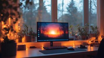 Cozy home office setup with computer, keyboard, mouse, and plants by window at sunset photo