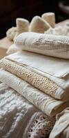 Linen fabric neatly arranged in soft natural tones photo