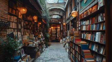 Charming bookstore displaying books in paris, france photo