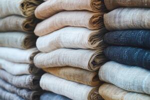 Linen fabric neatly folded in various colors and textures photo
