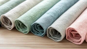 Versatile linen fabric rolls in soothing colors arranged neatly photo