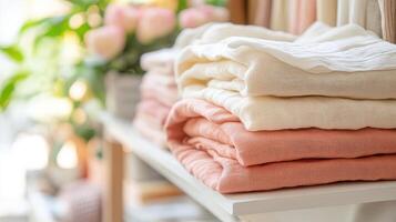 Linen fabric neatly stacked on a display shelf photo