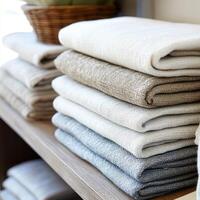 Linen fabric folded neatly on wooden shelf photo