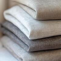 Linen fabric stacked in neutral shades for home decor photo