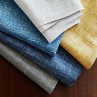 Linen fabric in various colors arranged on wooden surface photo