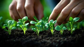Farmer taking care of seedlings growing in fertile soil.. photo