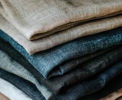 Soft linen fabric in shades of blue and beige stacked neatly photo