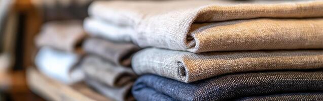 Linen fabric collection displayed in a cozy store setting photo