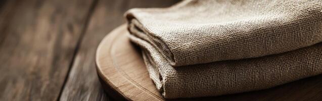 Linen fabric neatly folded on a wooden surface photo