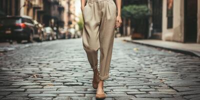 A woman in a beige top and pants walking down a cobblestone street photo