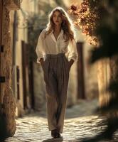 A woman in a white shirt and pants standing in an alley photo